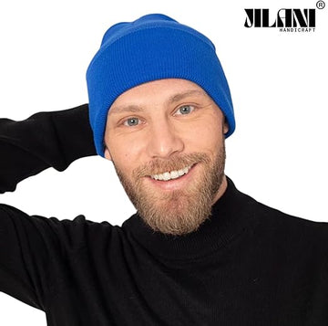 Men Knit Cuffed Plain Dark Blue Beanie