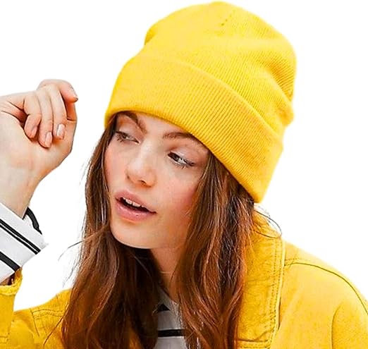 Soft Yellow Winter Knit Cuffed Plain Beanies