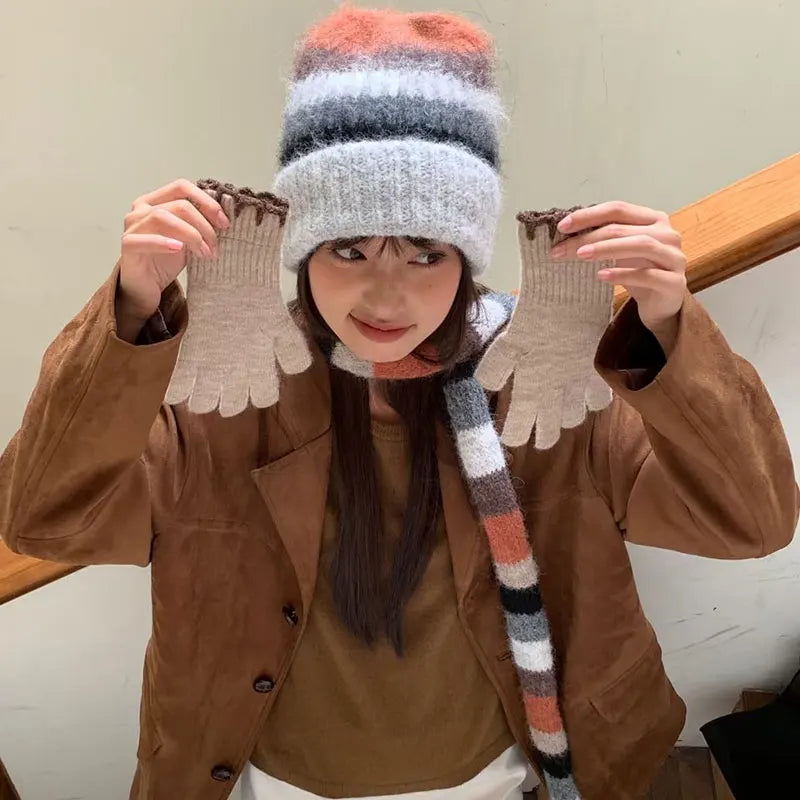 Striped Rainbow Beanies Hat & Scarf
