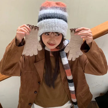Striped Rainbow Beanies Hat & Scarf